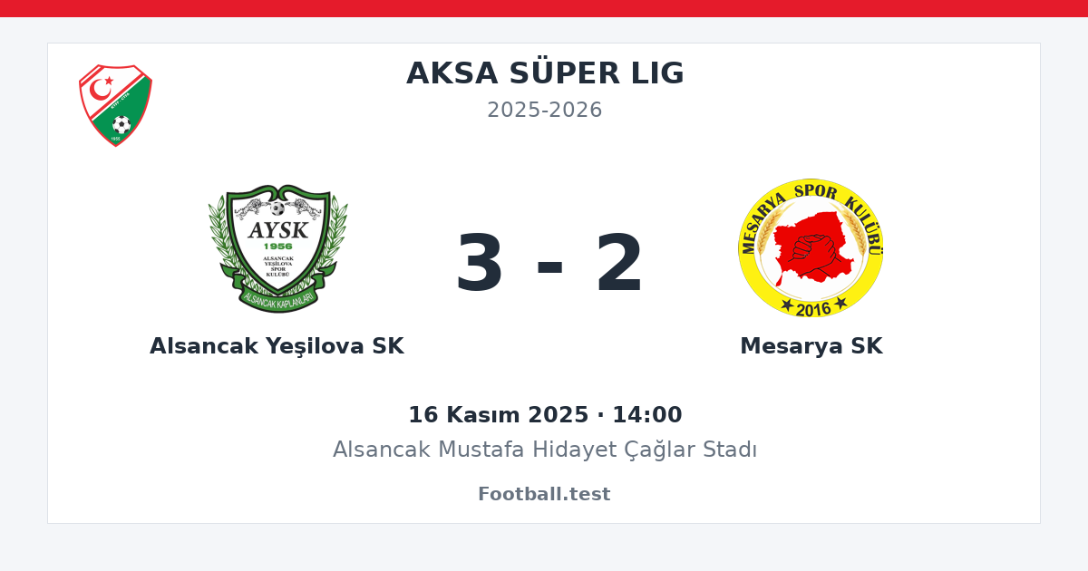 Alsancak Yeşilova SK - Mesarya SK 3 - 2 paylaşım kartı