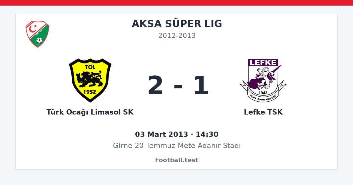 Türk Ocağı Limasol SK - Lefke TSK 2 - 1 paylaşım kartı