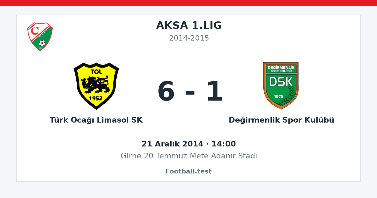 Türk Ocağı Limasol SK - Değirmenlik Spor Kulübü 6 - 1 paylaşım kartı